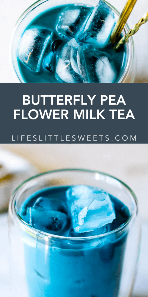 butterfly pea flower milk tea with text overlay