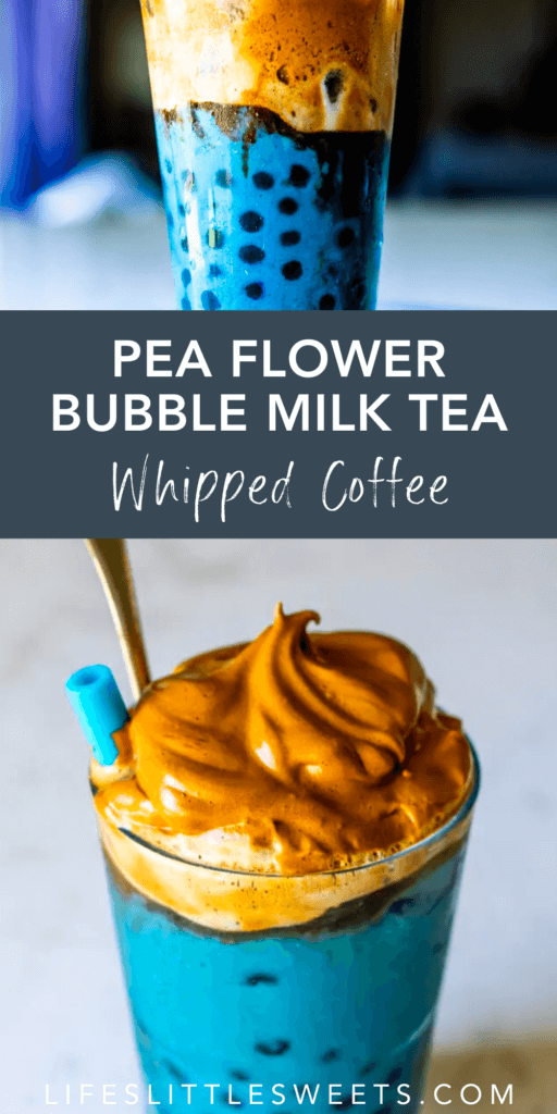 pea flower bubble milk tea with text overlay