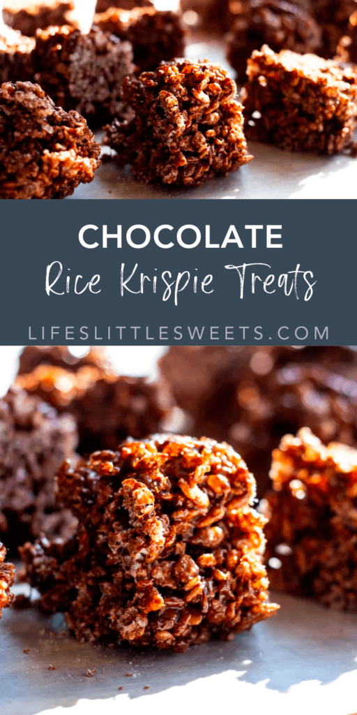 chocolate rice krispie treats with text overlay