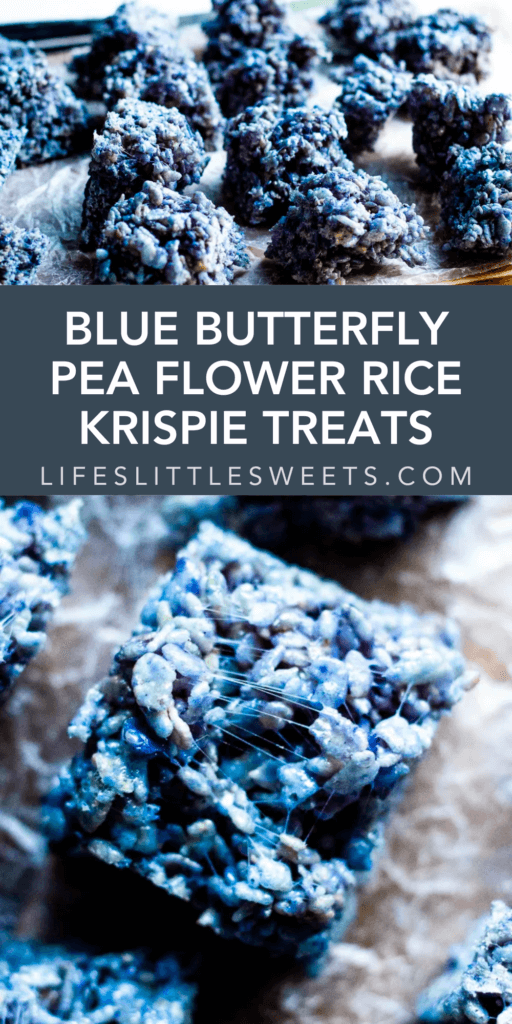 blue butterfly pea flower rice krispie treats wtih text overlay