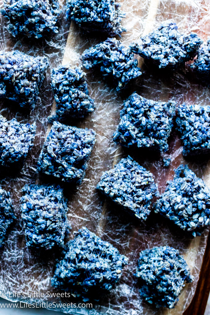 over head view of blue color Rice Krispies Treats