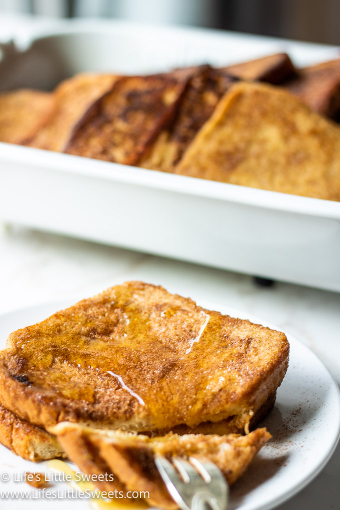 an angled view of French toast in a white kitchen