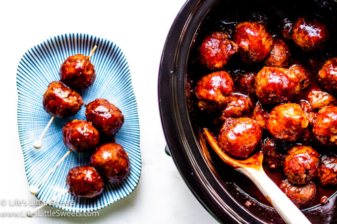 meatballs on a serving dish and in a crockpot
