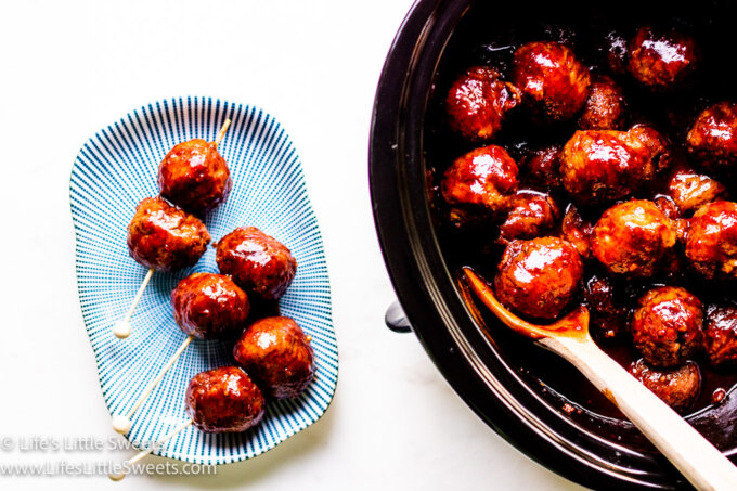 meatballs in a crockpot and meatballs on a skewer on a serving dish