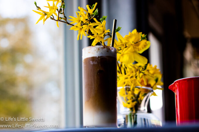 Soy Milk Iced Coffee Recipe with yellow spring flowers