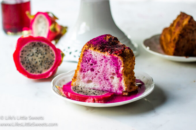 pink angel food cake with dragon fruit slices