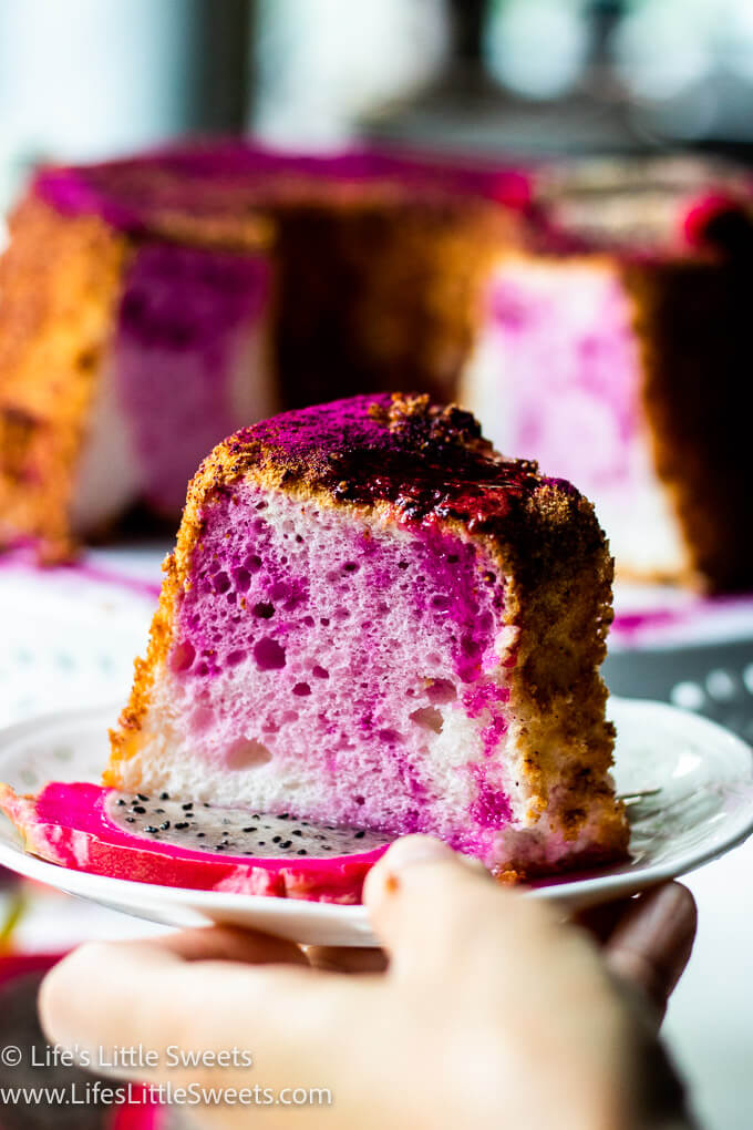 pink Dragon Fruit Angel Food Cake on a plate