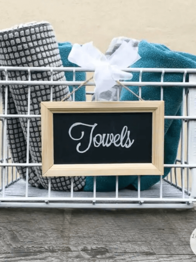 DIY Industrial Bath Towel Crate with Chalkboard Sign Story