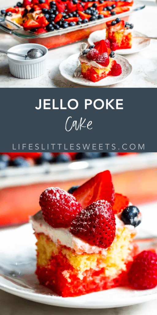 Jello poke cake with text overlay