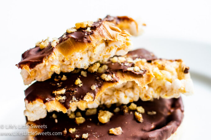 chocolate rice cakes in a stack with a white background