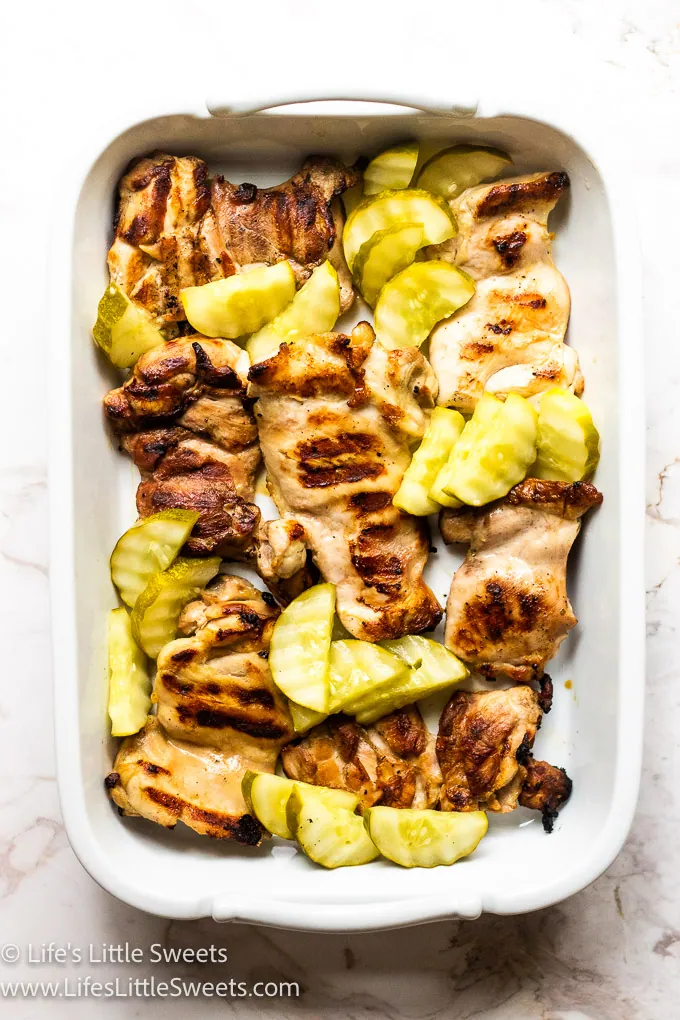 Dill Pickle Grilled Chicken in a white serving platter