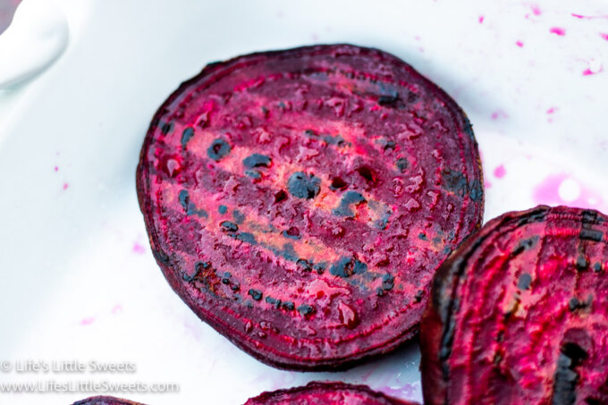 Grilled Beets up close in a white dish