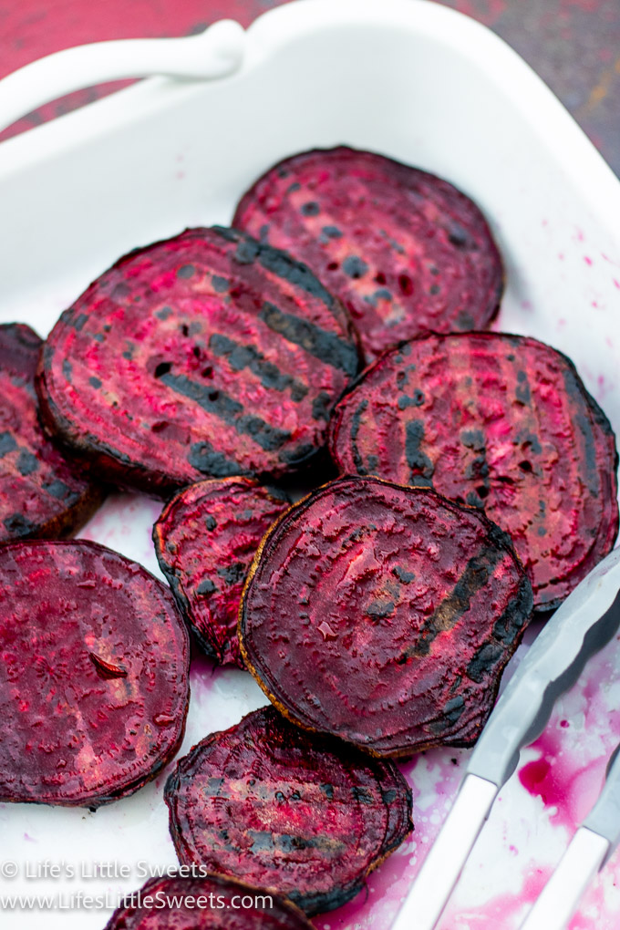 red Grilled Beets in a white serving platter
