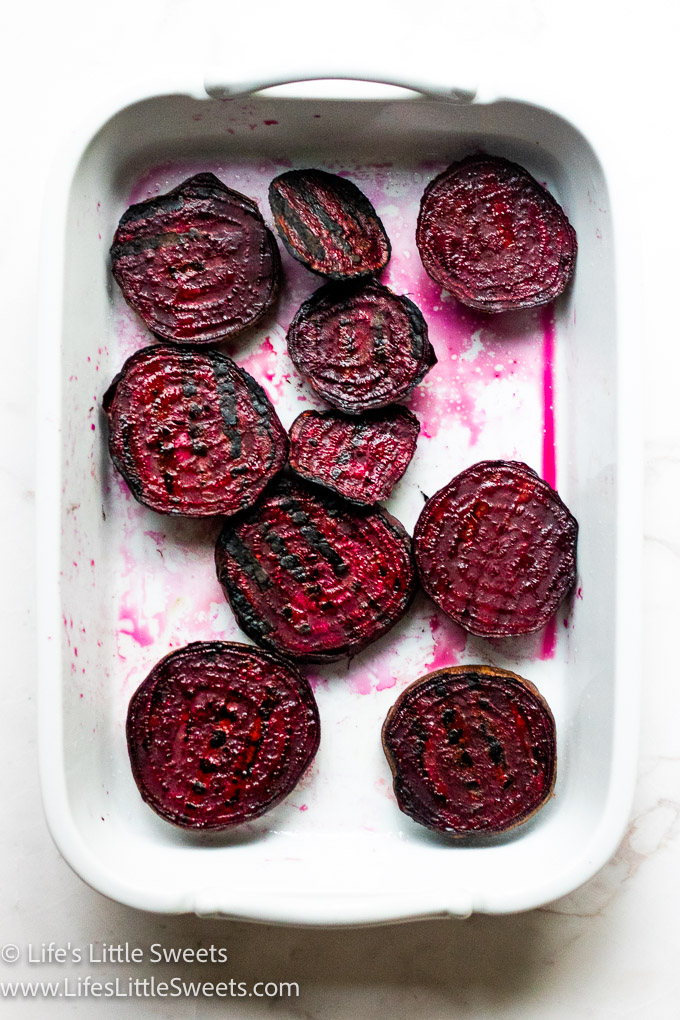 Grilled Beets in a rectangular white serving dish