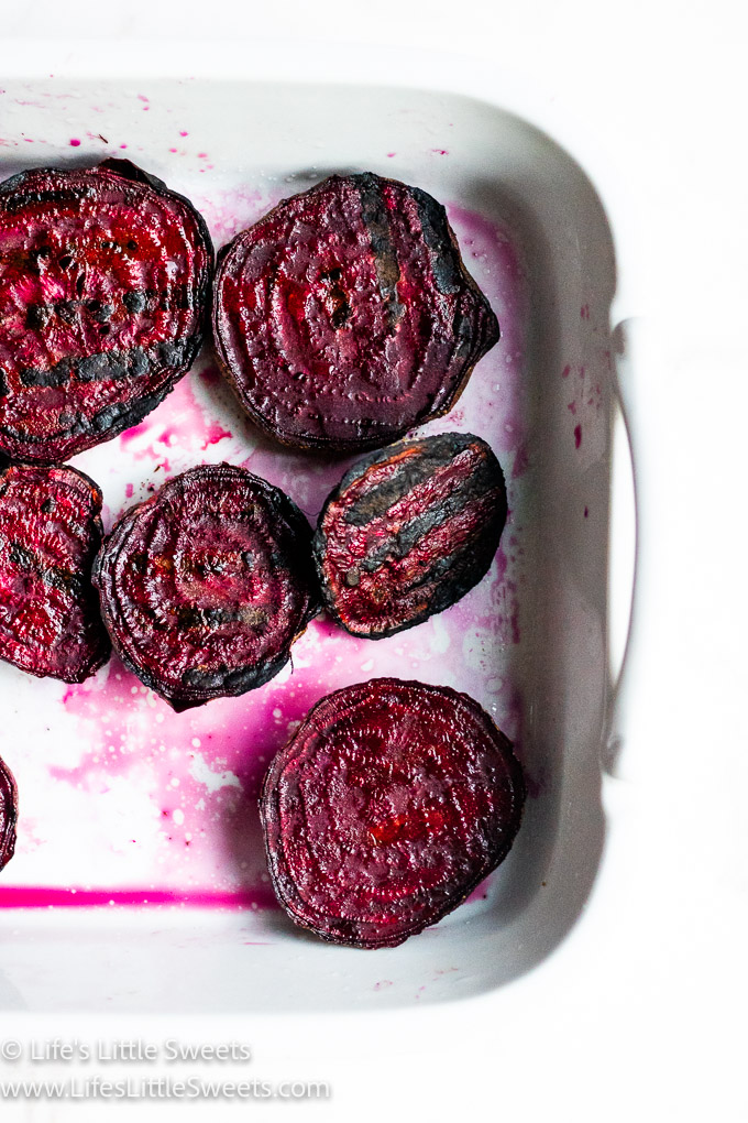 red Grilled Beets in a white serving platter