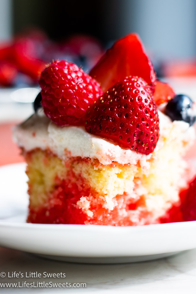 a 9x13-inch pan of cake with berries and a close up of 1 slice
