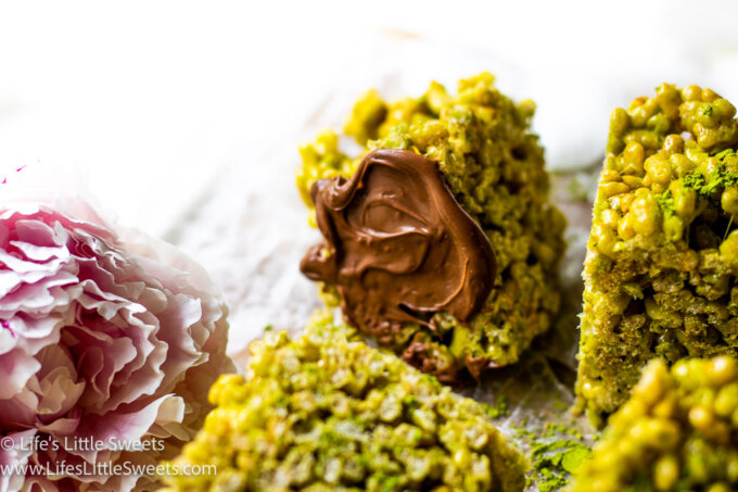 Matcha Rice Krispie Treats squares up close with chocolate spread