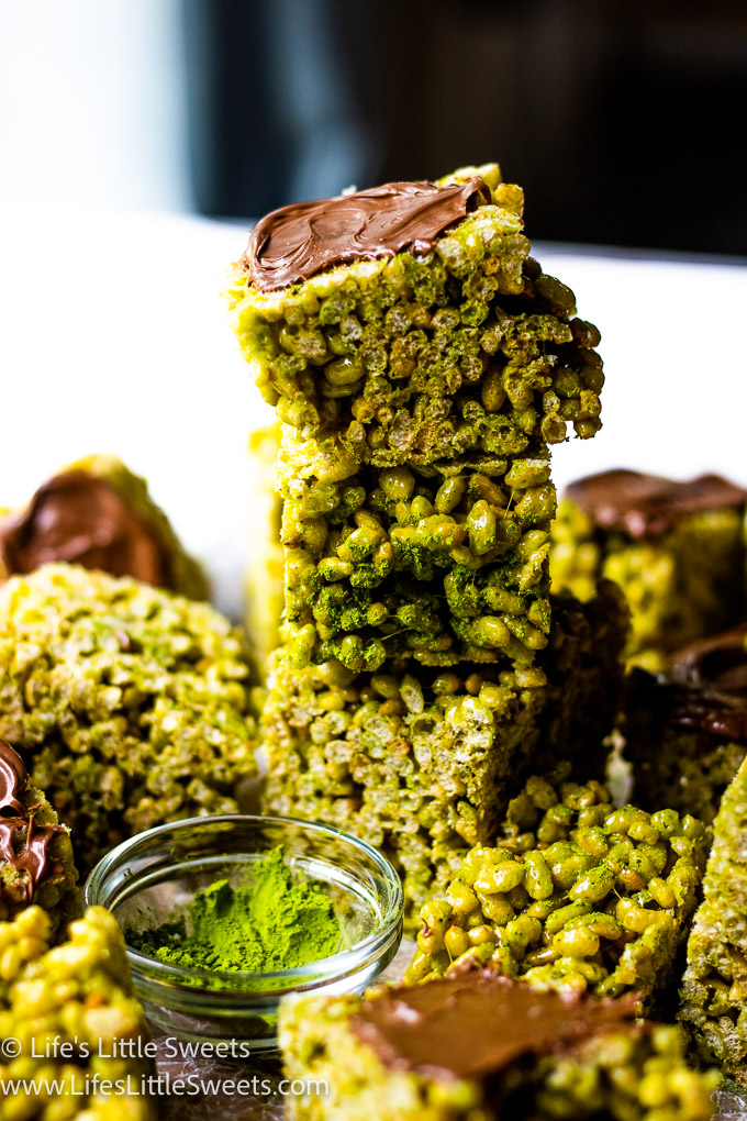 a stack of Matcha Rice Krispie Treats with chocolate spread