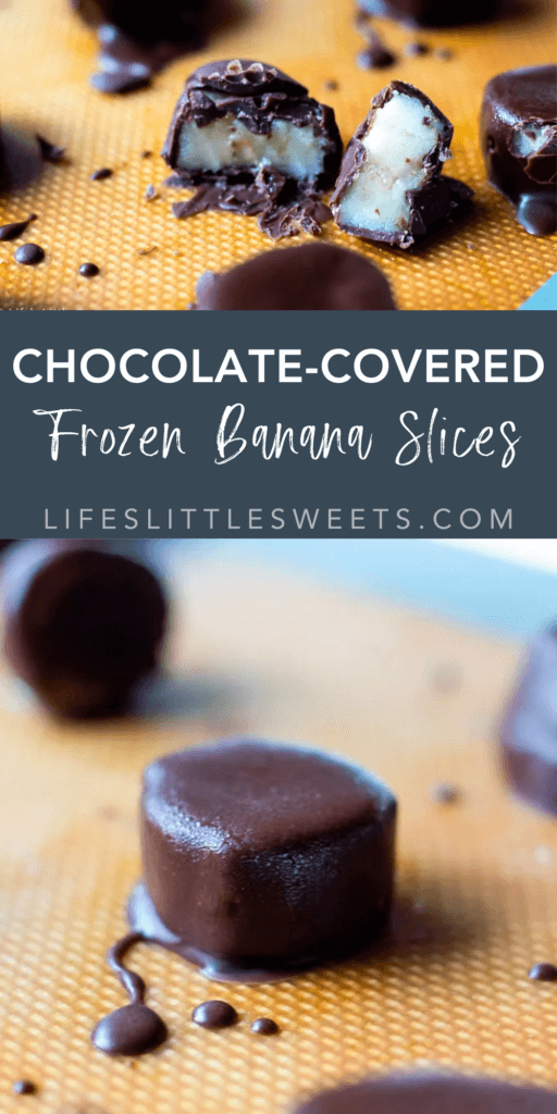 chocolate covered frozen banana slices with text overlay