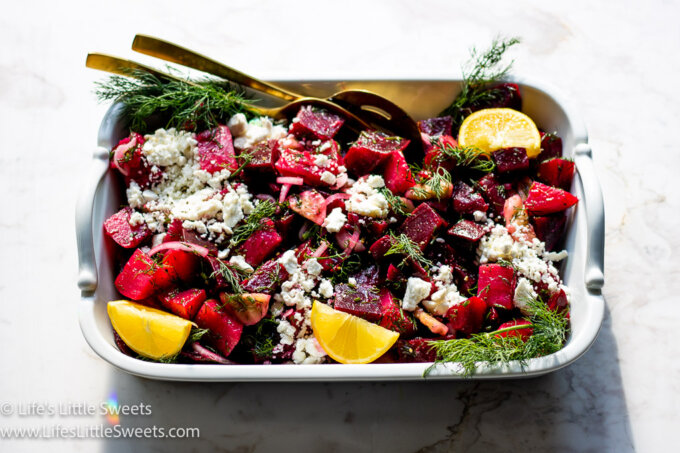 beet and feta salad in a white dish