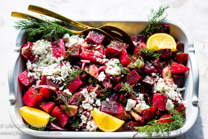 cold beet salad with gold utensils