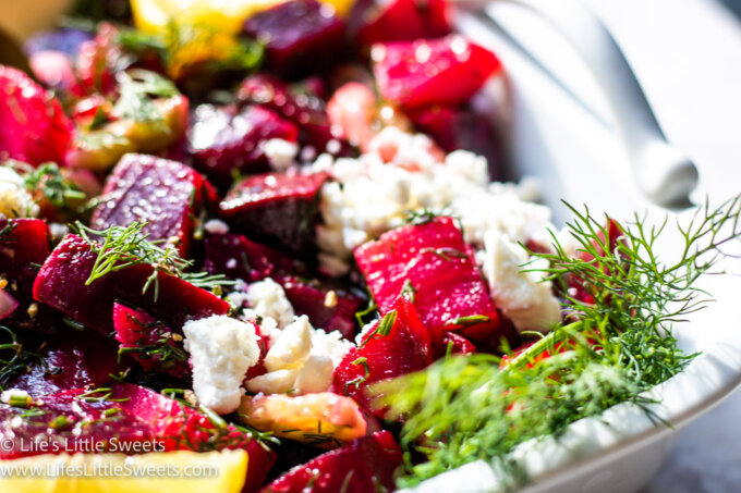 Beet Salad with dill and feta cheese in a white dish