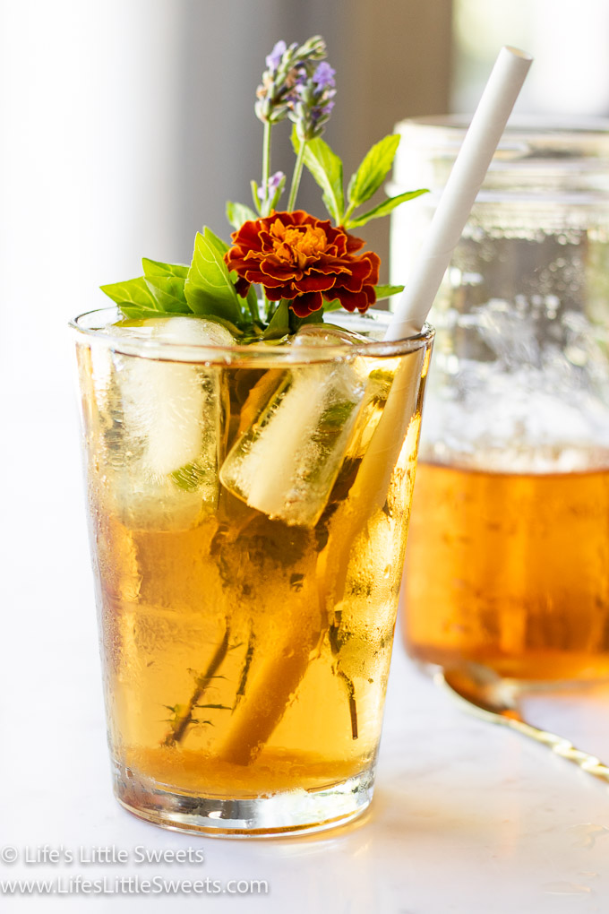 iced tea and herbs and edible flowers