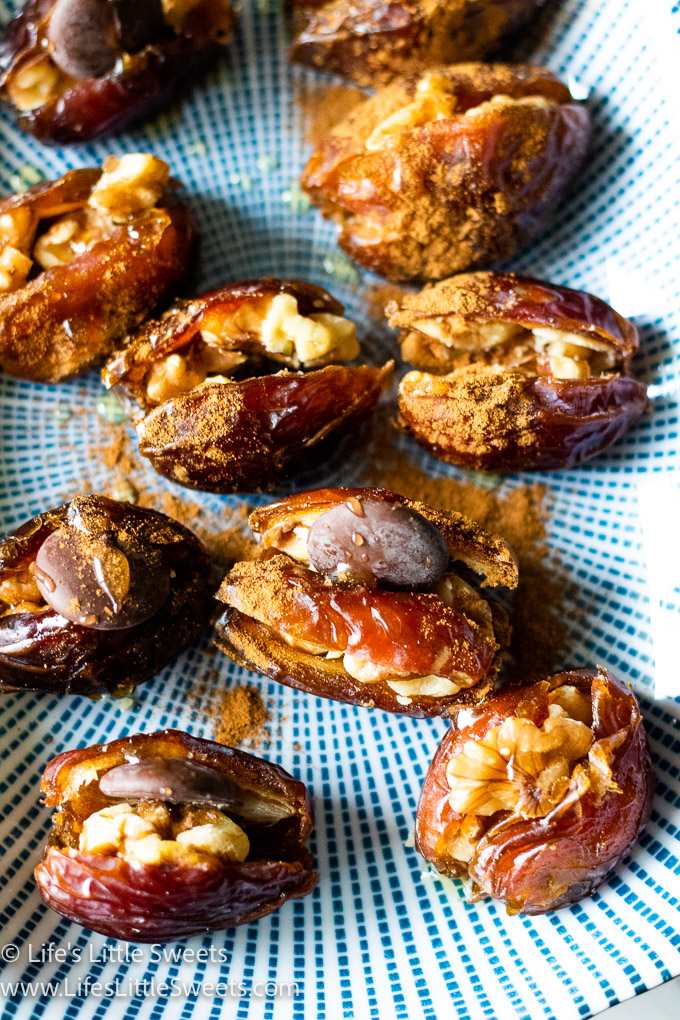 stuffed dates on a blue striped plate