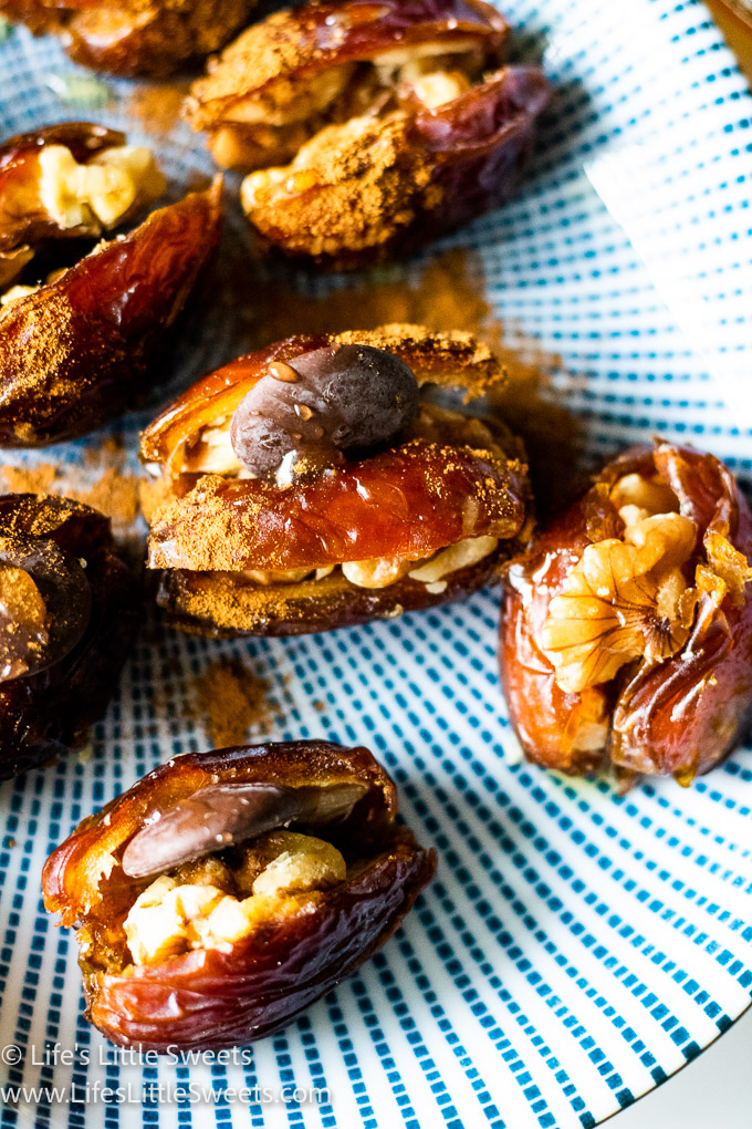 dates on a blue and white striped plate