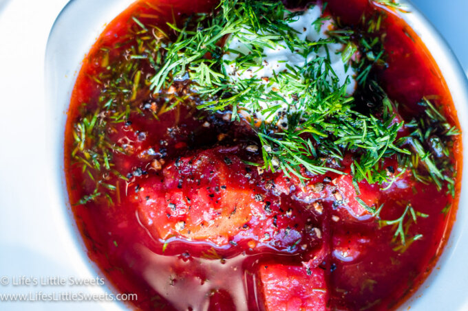 red Borscht soup with dill and sour cream overhead