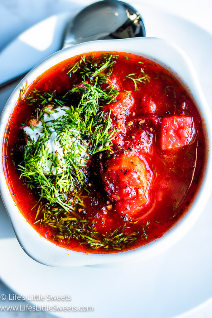 red Borscht soup with dill and sour cream close up