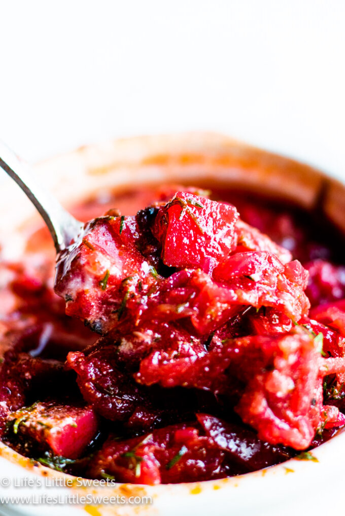 a spoonful of red Borscht soup with dill and sour cream