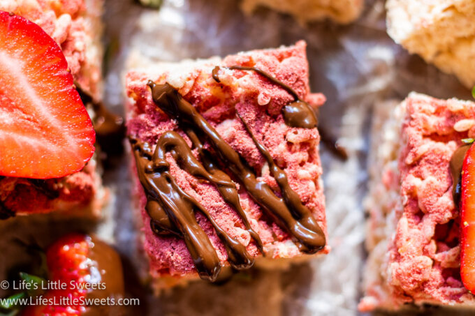 Strawberry Rice Krispie Treats with a chocolate drizzle