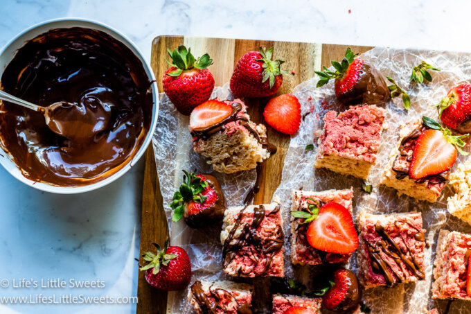 Strawberry Rice Krispie Treats with a bowl of melted chocolate