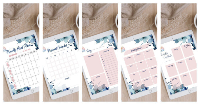 a horizontal collage of 5 images of different pink and blue-themed calendar pages