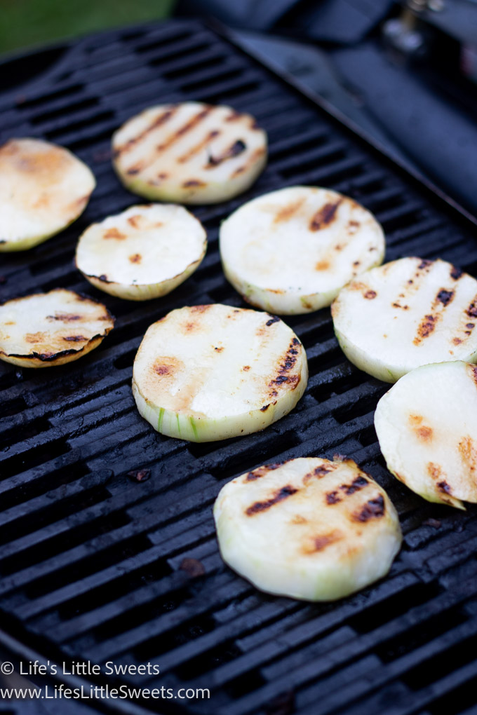 kohlrabi slices on a camping grill