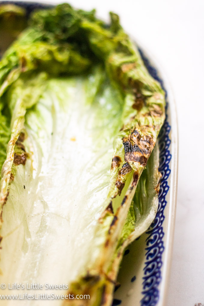 up close view of Napa cabbage on a blue and white oval serving platter