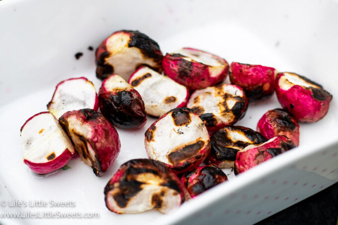 grilled radishes in a white dish