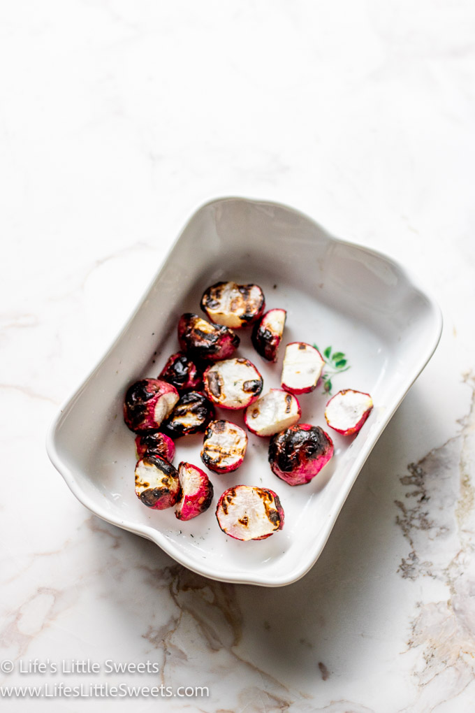 grilled radishes on a fork