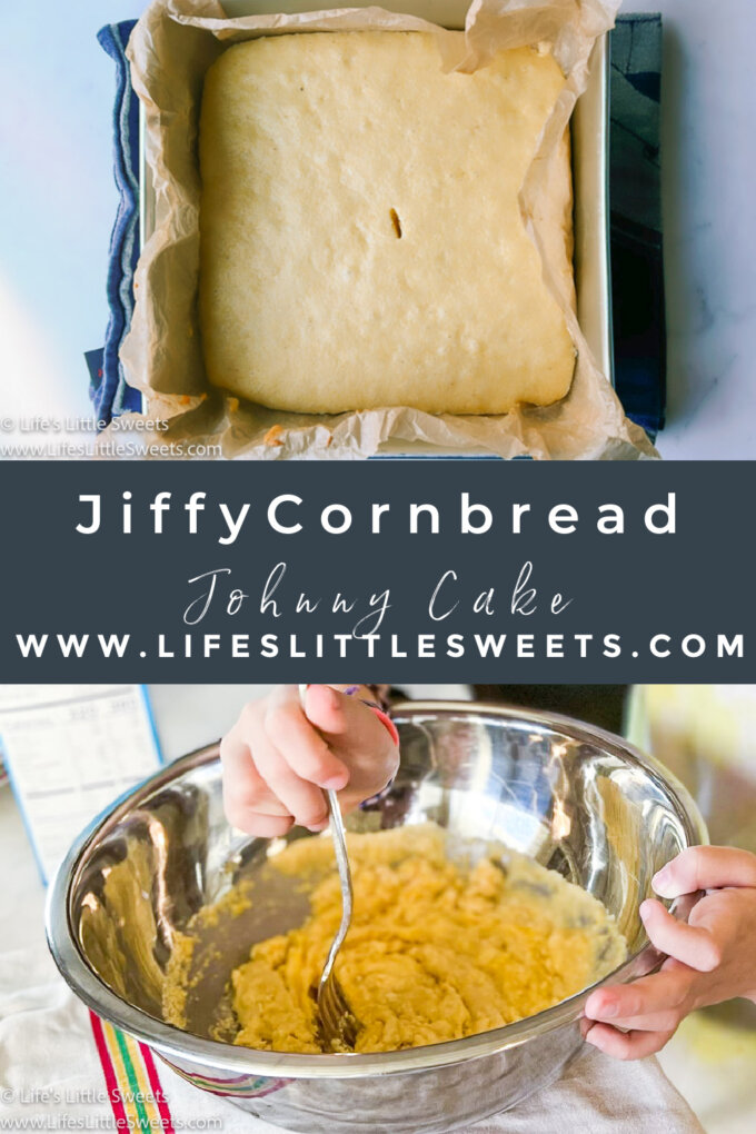 Cornbread Johnny Cake in a square, aluminum pan with brown parchment paper Pinterest pin with a photo of cornbread batter being mixed in a metal bowl
