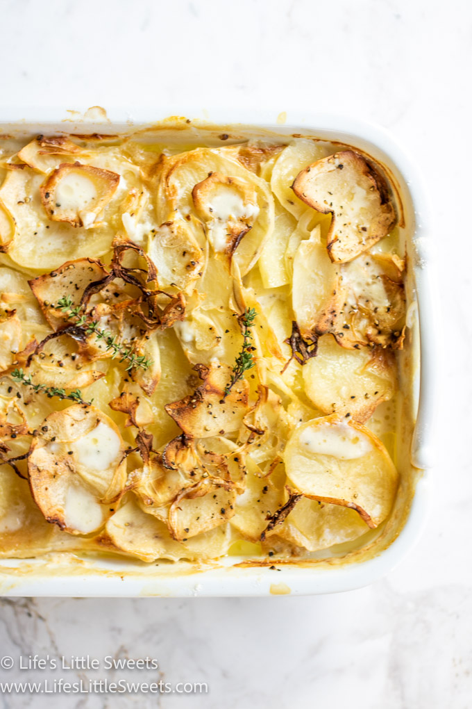 Scalloped Potatoes on a marble table top