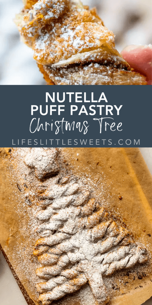 nutella puff pastry christmas tree with text overlay