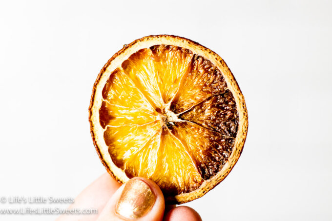 a horizontal view of 1 dried orange slice with a white background