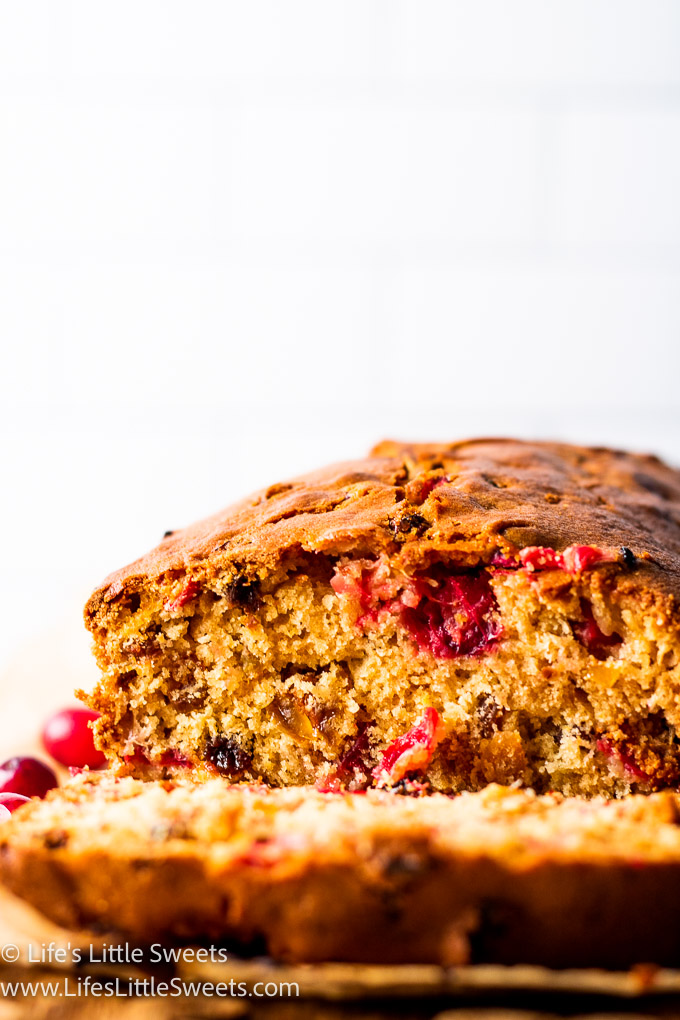 cranberry bread cut in half with a white background