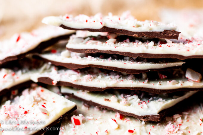 a stack of chocolate candy with peppermint candy canes