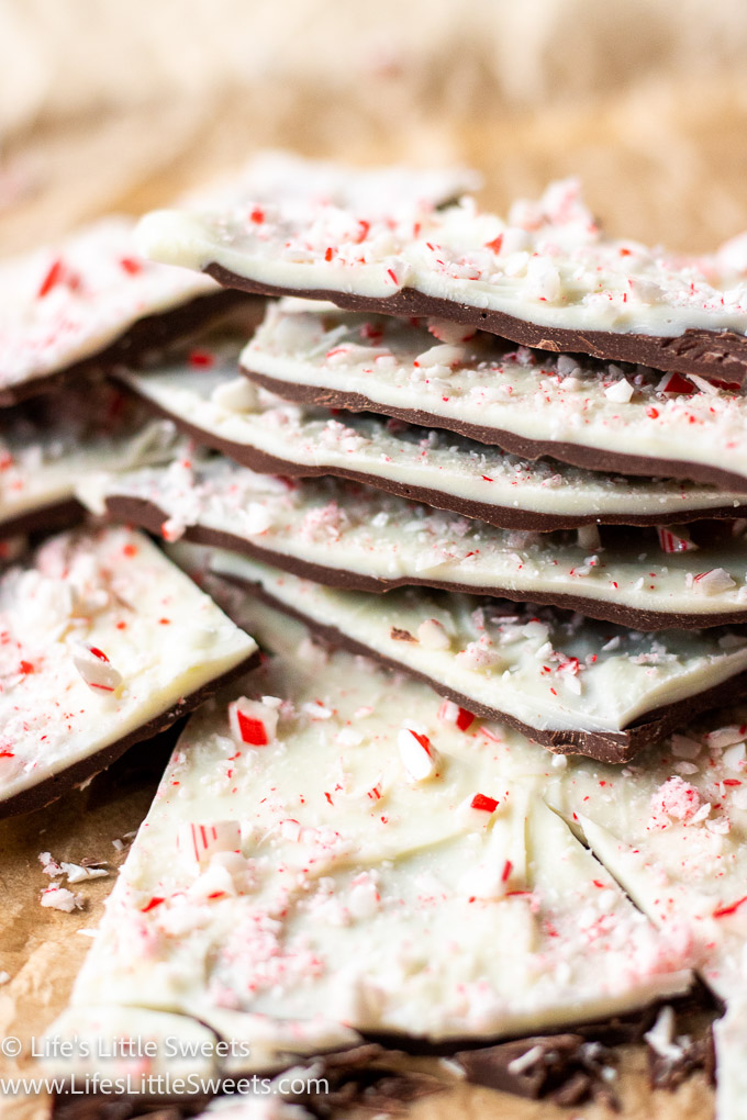 peppermint bark stacked with candy canes