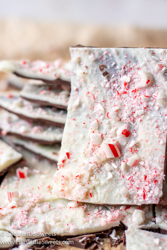 Up close photo of Peppermint Bark recipe with crushed candy canes on top