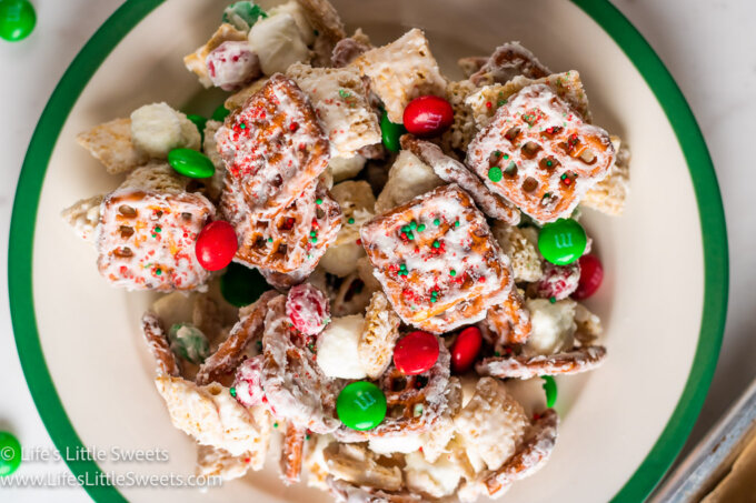 a plate of Reindeer Bait with M&Ms overhead