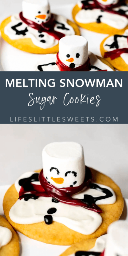 melting snowman sugar cookies with text overlay