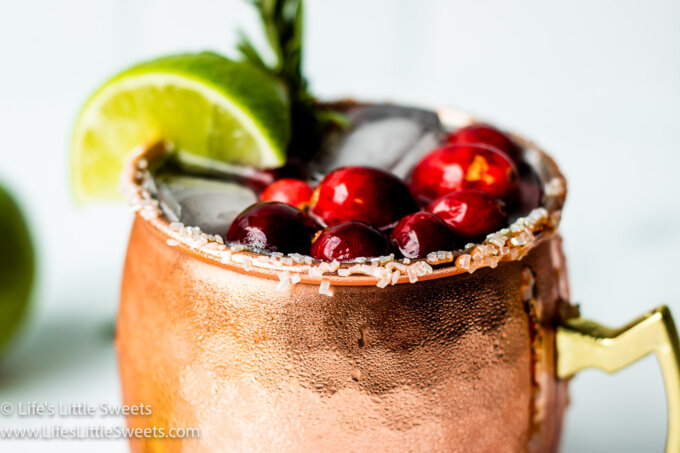a holiday gin mule with cranberries and lime